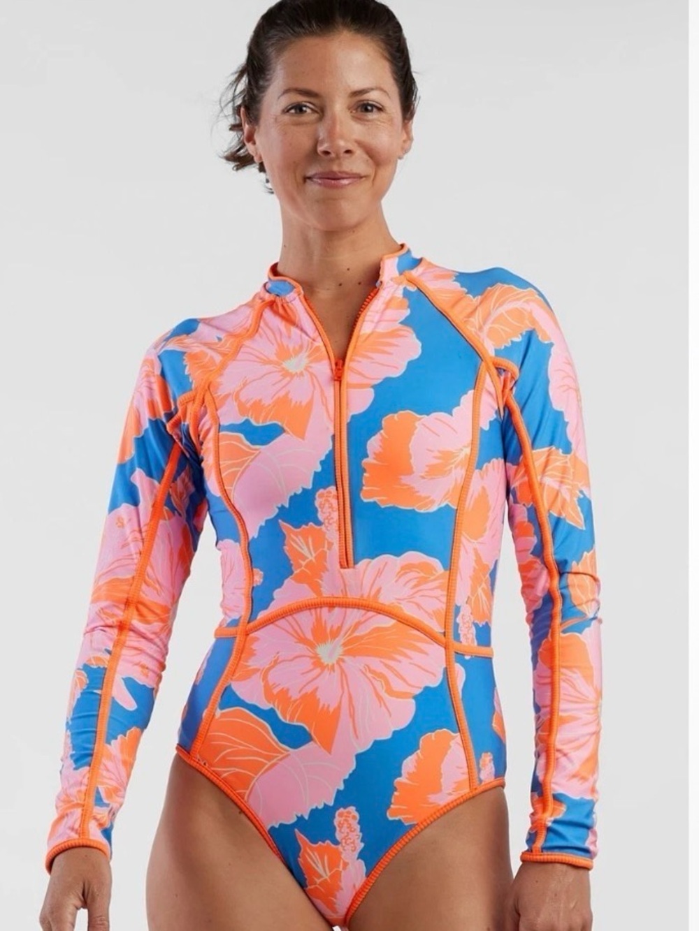 Long-Sleeve Floral Zip Front Swimsuit in Blue/Orange - Picture 3 of 9